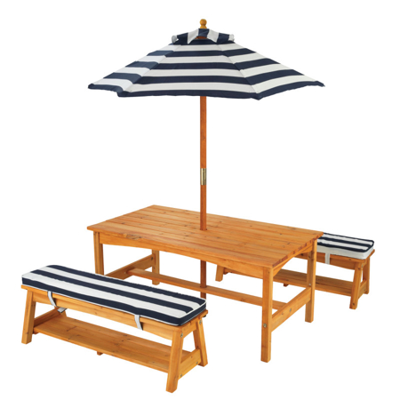 Photo de KidKratft® Ensemble table et banc d'extérieur avec coussins et parasol Blue/White