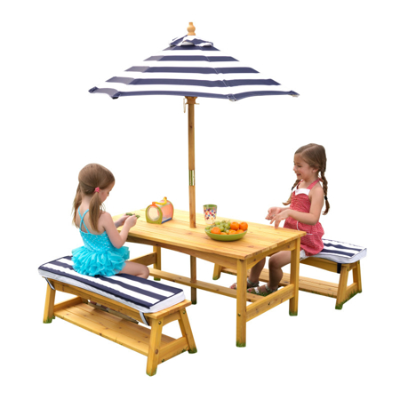 KidKratft® Ensemble table et banc d'extérieur avec coussins et parasol Blue/White