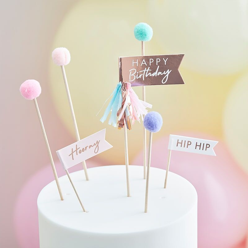 Photo de Ginger Ray® Décorations de pâtisserie Mix It Up Happy Birthday Pom Poms Pastel (12 pièces)
