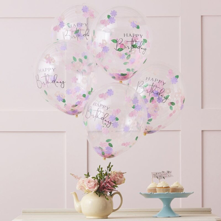 Photo de Ginger Ray® Ballons avec confettis Floral Happy Birthday 5 pièces