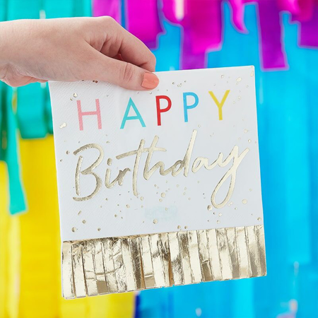 Photo de Ginger Ray® Serviettes en papier Happy Birthday Mix It Up Fringed Gold  (16 pièces)