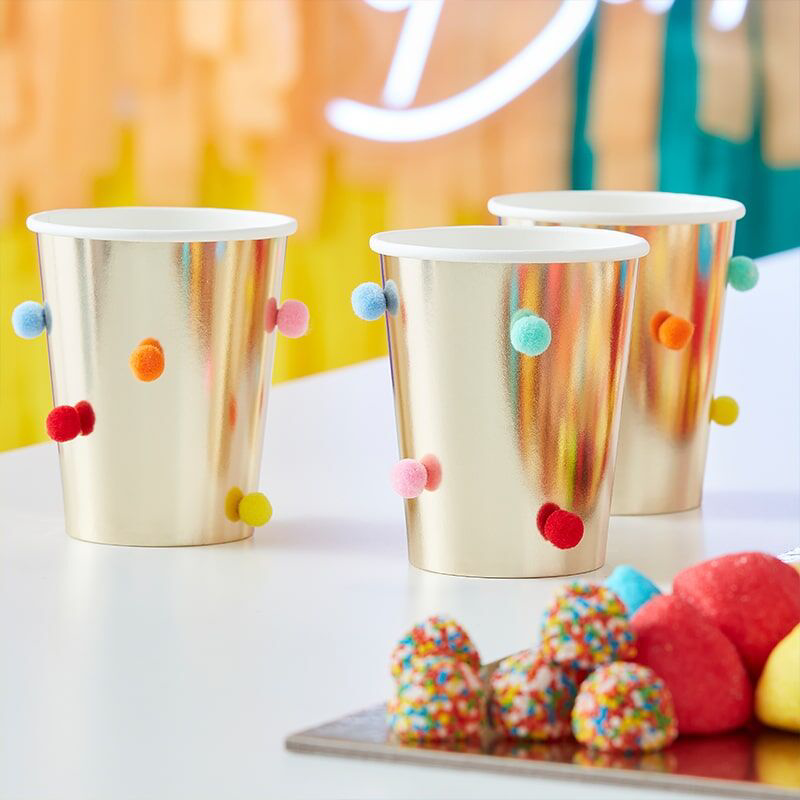 Photo de Ginger Ray® Lot de 8 tasses jetables Rainbow Pom Pom Gold
